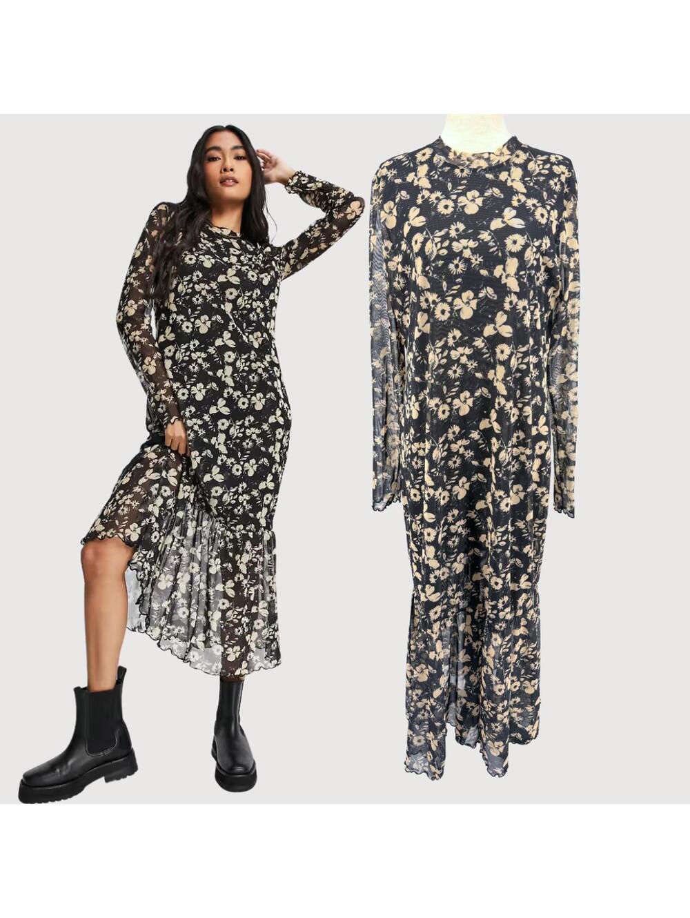 & Other Stories Floral Mesh Midi Dress Whimsical Goth L